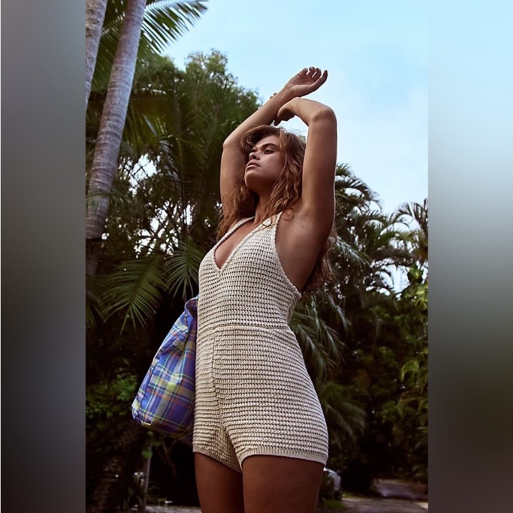Free People Natural Beige Crochet Clear Skies Fauxchet Sweater Shorts Romper